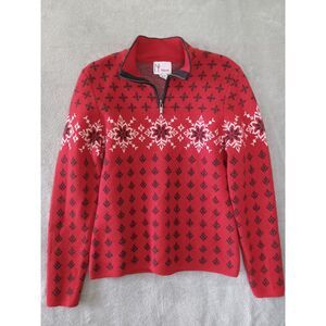 Neve Sz L Wool Sweater Nordic Fairisle Snowflake Red Black White 3/4 Sleeve